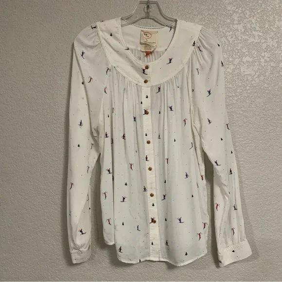 32 of 52 Conversations Anthropologie Blouse Top Womens 16 Skier Novelty Print - Picture 2 of 16